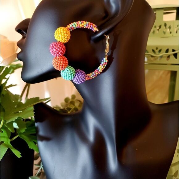 Multi-color Seed Bead Ball Hoop Earrings - Picture 2 of 8
